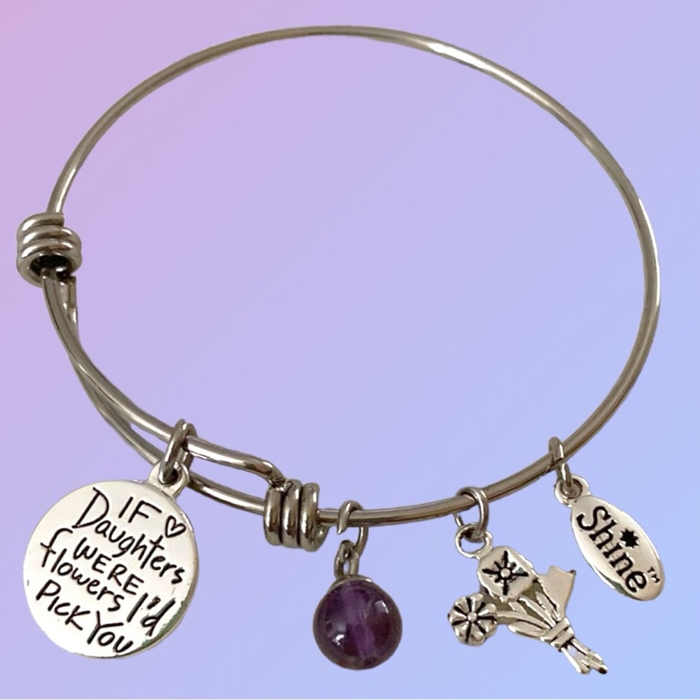 GRATITUDE & GRACE Silver & Purple Adjustable Daughter Charm Bracelet.